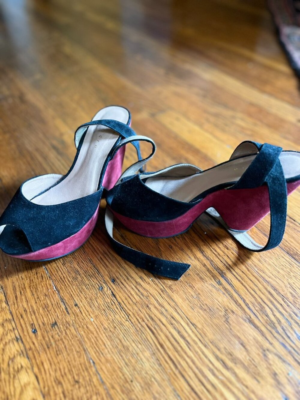 Sandro Wine and Black Suede Ankle Strap Block Heels, Size 39